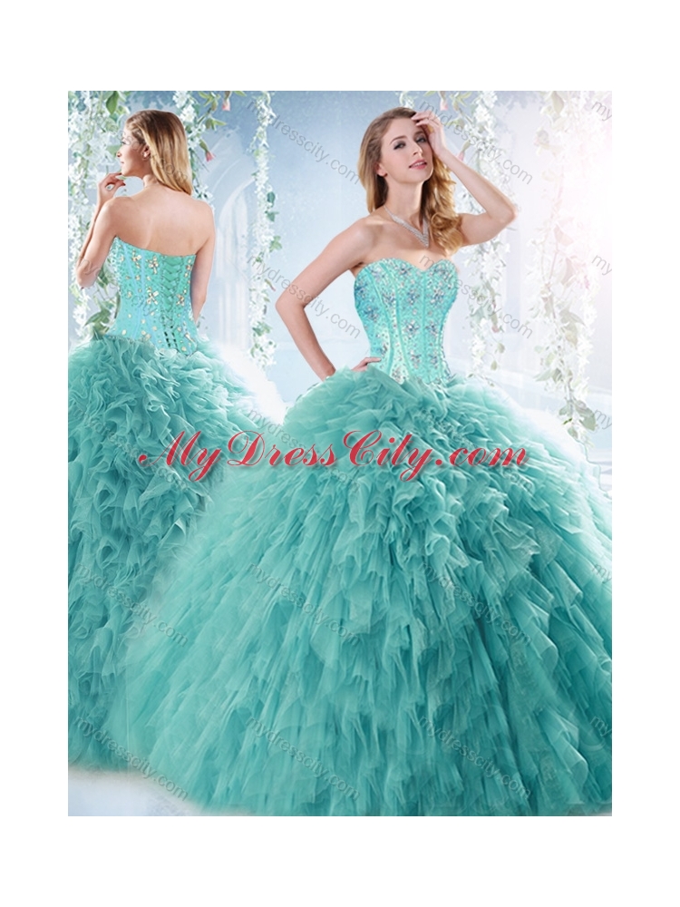 Romantic Beaded and Ruffled Aquamarine Detachable Quinceanera Dress with Brush Train