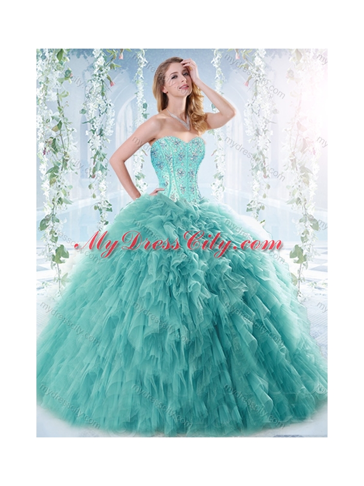 Romantic Beaded and Ruffled Aquamarine Detachable Quinceanera Dress with Brush Train