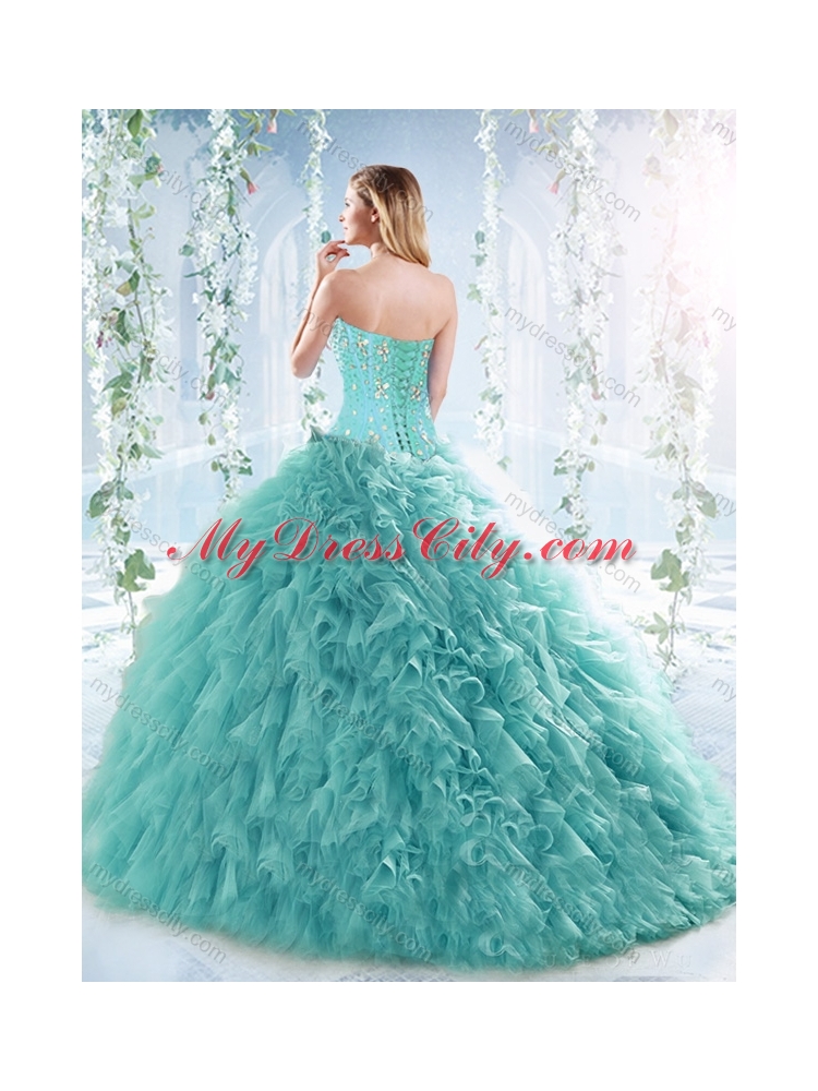 Romantic Beaded and Ruffled Aquamarine Detachable Quinceanera Dress with Brush Train