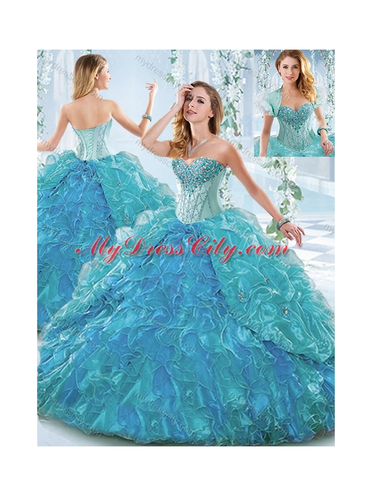 Beautiful Organza Blue Detachable Quinceanera Dress with Ruffles and Beading