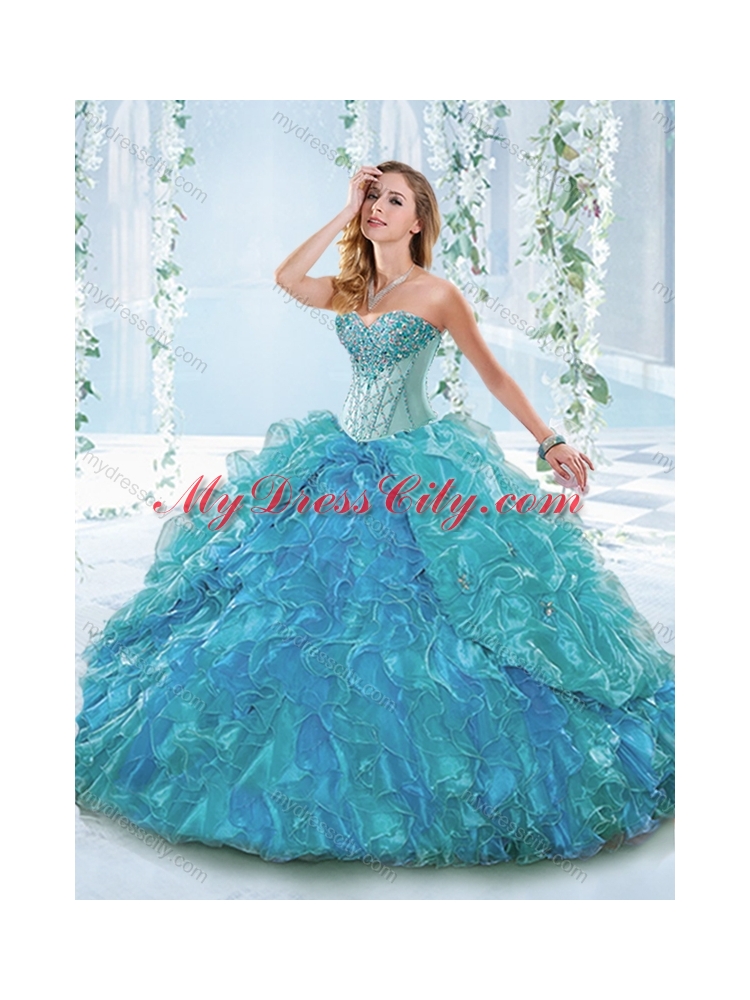 Beautiful Organza Blue Detachable Quinceanera Dress with Ruffles and Beading