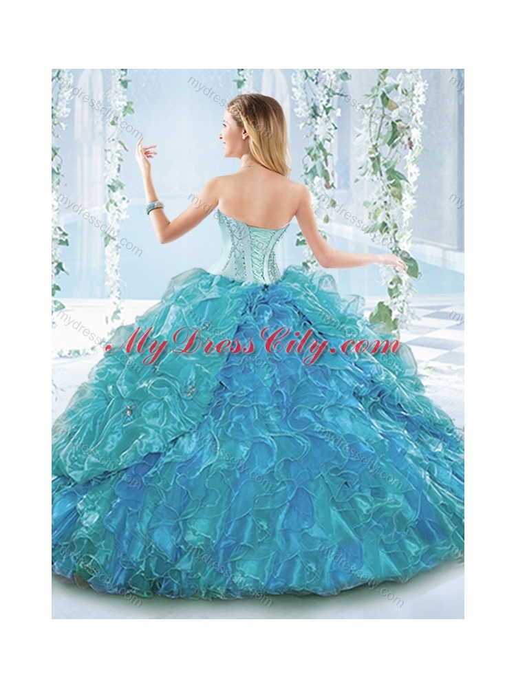 Beautiful Organza Blue Detachable Quinceanera Dress with Ruffles and Beading