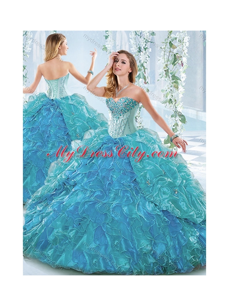 Beautiful Organza Blue Detachable Quinceanera Dress with Ruffles and Beading