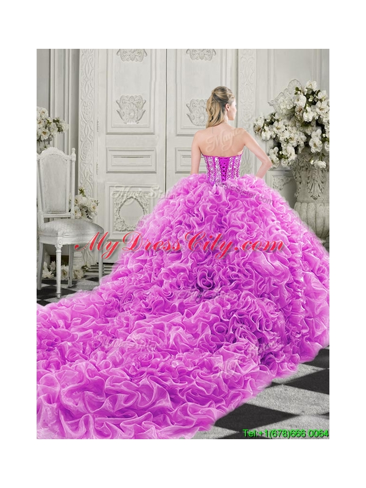 Cheap Visible Boning Beaded Bodice Fuchsia Quinceanera Dress with Ruffles