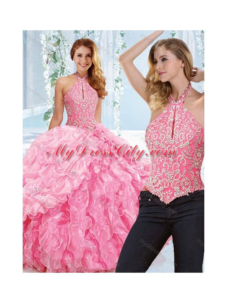 Cut Out Bust Beaded Bodice Detachable Quinceanera Dress with Halter Top