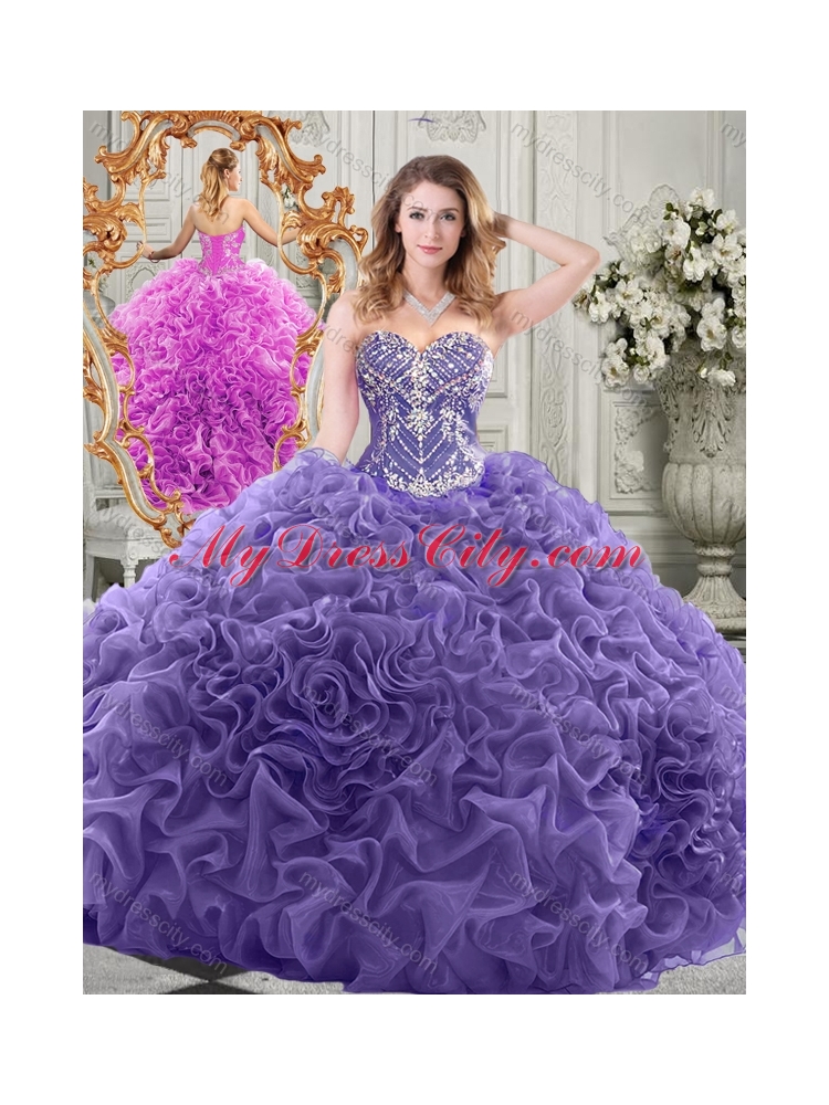 Elegant Brush Train Lavender Quinceanera Dress with Beaded Bodice and Ruffles