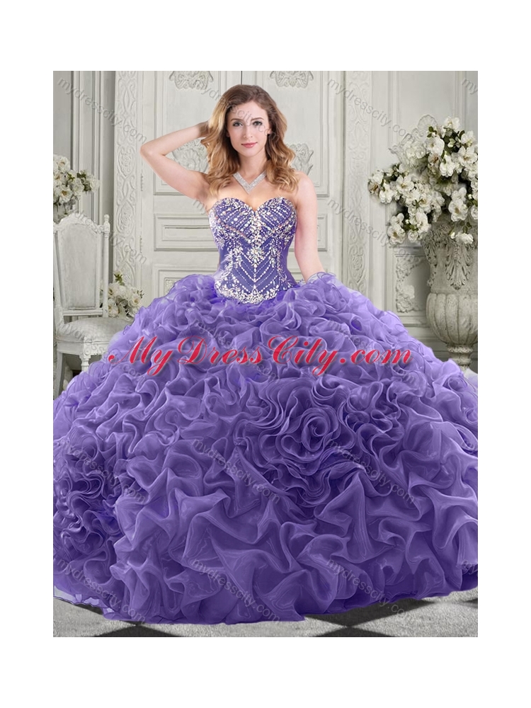 Elegant Brush Train Lavender Quinceanera Dress with Beaded Bodice and Ruffles