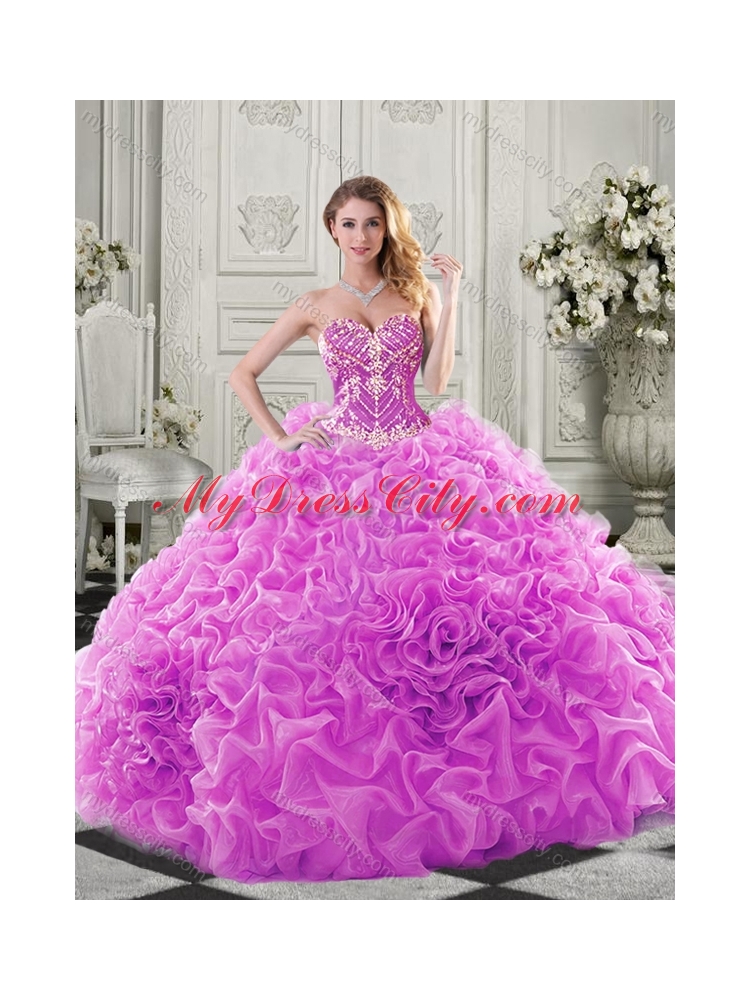 Elegant Brush Train Lavender Quinceanera Dress with Beaded Bodice and Ruffles