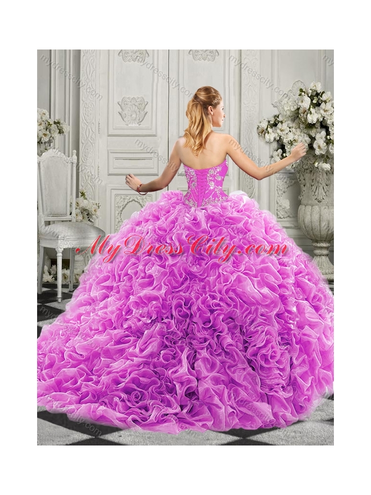 Elegant Brush Train Lavender Quinceanera Dress with Beaded Bodice and Ruffles