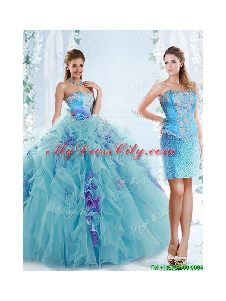 Exquisite Applique Bodice Aqua Blue Detachable Quinceanera Dress in Organza