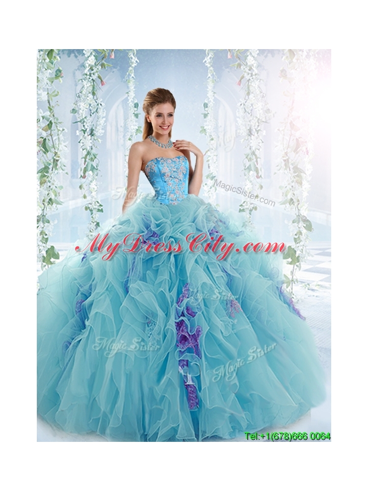 Exquisite Applique Bodice Aqua Blue Detachable Quinceanera Dress in Organza