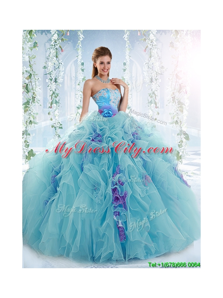 Exquisite Applique Bodice Aqua Blue Detachable Quinceanera Dress in Organza