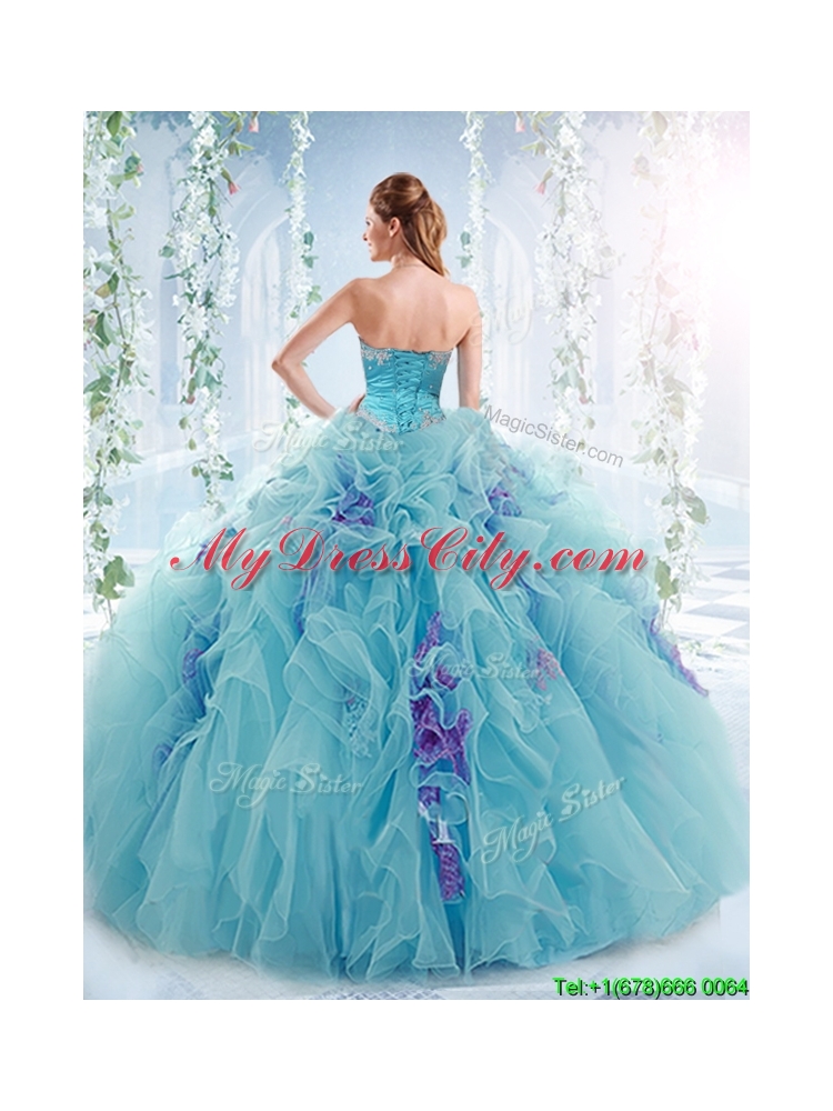 Exquisite Applique Bodice Aqua Blue Detachable Quinceanera Dress in Organza