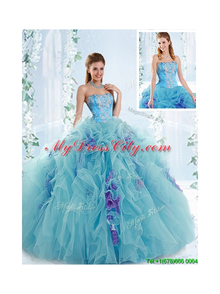 Exquisite Applique Bodice Aqua Blue Detachable Quinceanera Dress in Organza