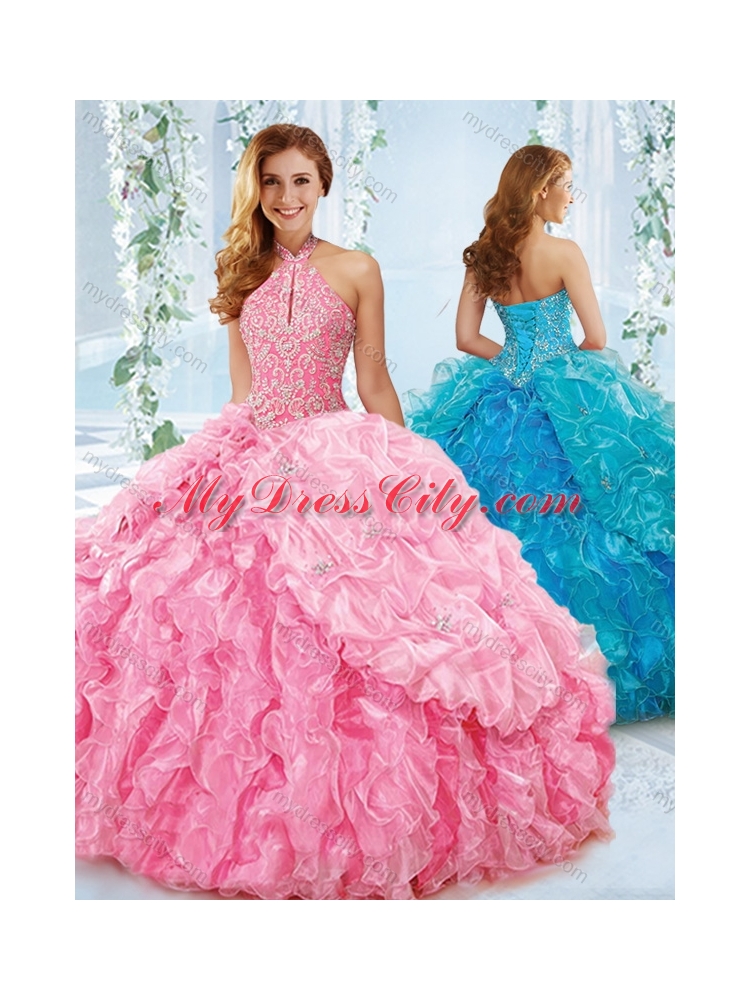 Exquisite Halter Top Beaded Bodice Detachable Quinceanera Dress in Rose Pink