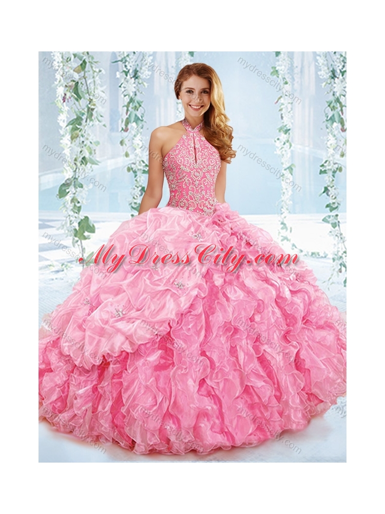 Exquisite Halter Top Beaded Bodice Detachable Quinceanera Dress in Rose Pink