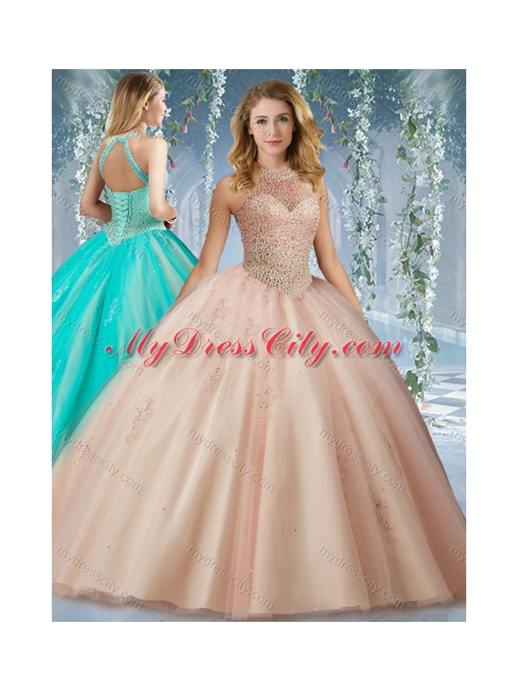 Fashionable Halter Top Champagne Quinceanera Dress with Appliques and Beading