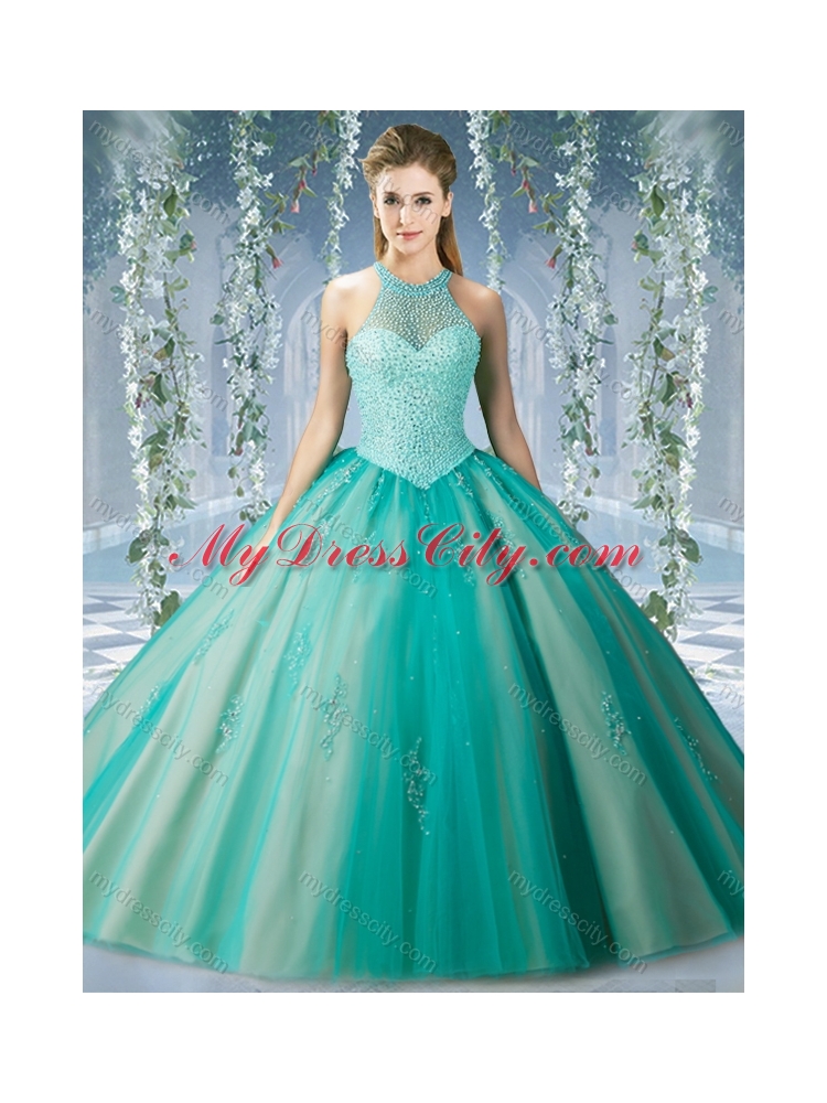 Fashionable Halter Top Champagne Quinceanera Dress with Appliques and Beading