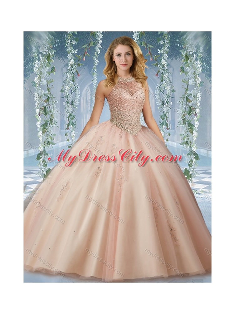 Fashionable Halter Top Champagne Quinceanera Dress with Appliques and Beading