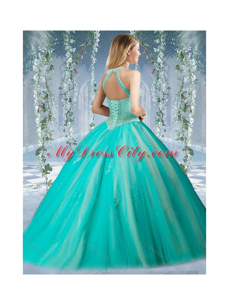 Fashionable Halter Top Champagne Quinceanera Dress with Appliques and Beading