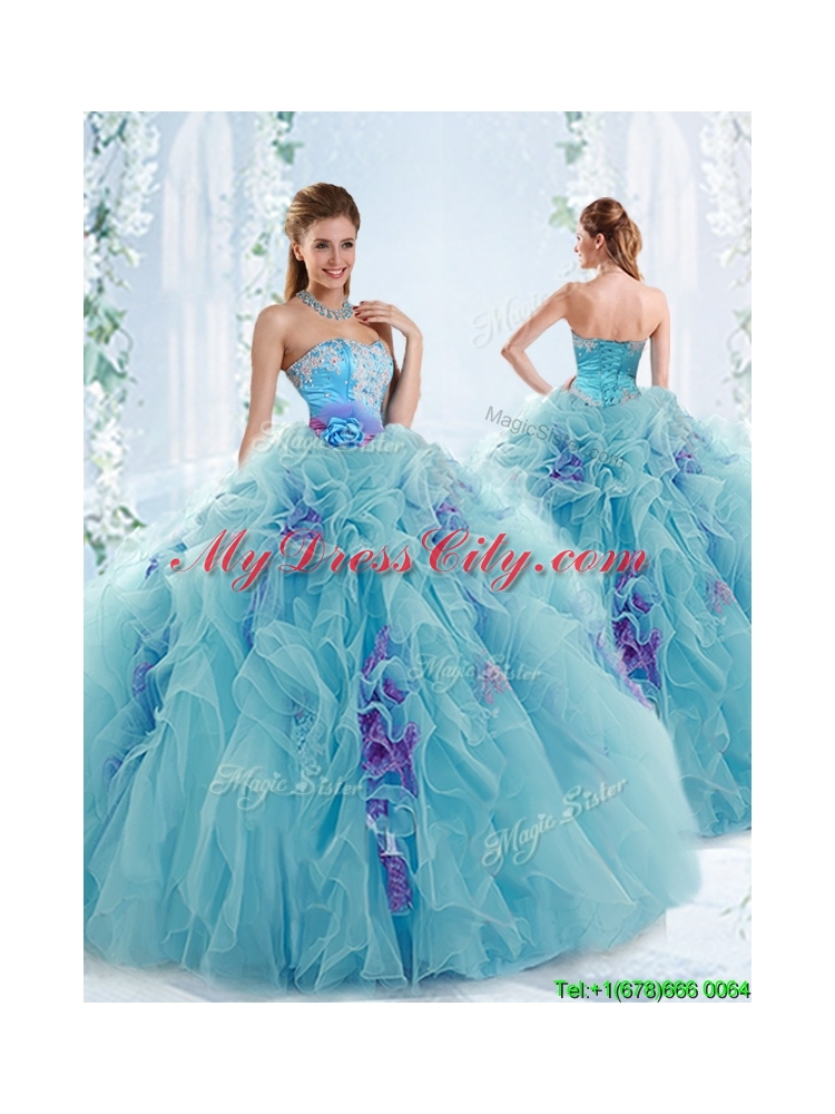 Gorgeous Applique and Ruffled Detachable Quinceanera Dresses in Aqua Blue