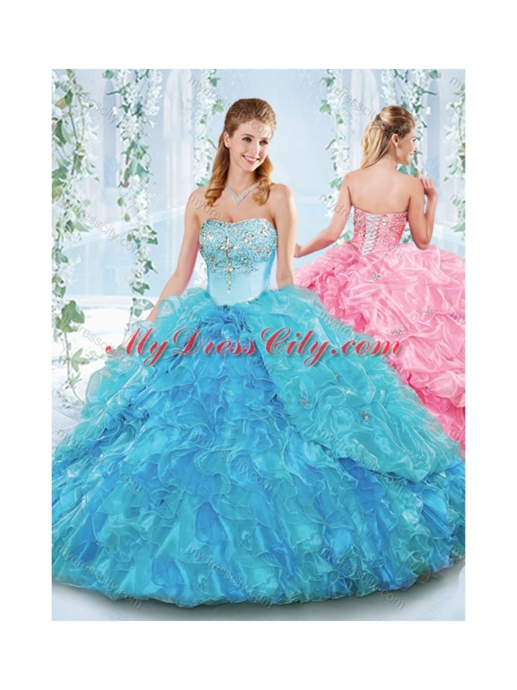 Latest Really Puffy Organza Lace Up Detachable Quinceanera Dress in Blue