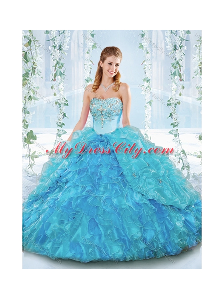 Latest Really Puffy Organza Lace Up Detachable Quinceanera Dress in Blue