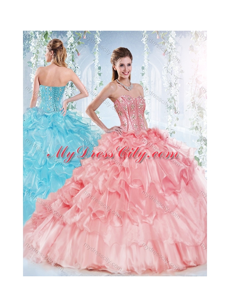 Latest Visible Boning Beaded Bodice Detachable Quinceanera Dresses in Organza