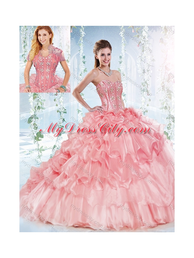 Latest Visible Boning Beaded Bodice Detachable Quinceanera Dresses in Organza