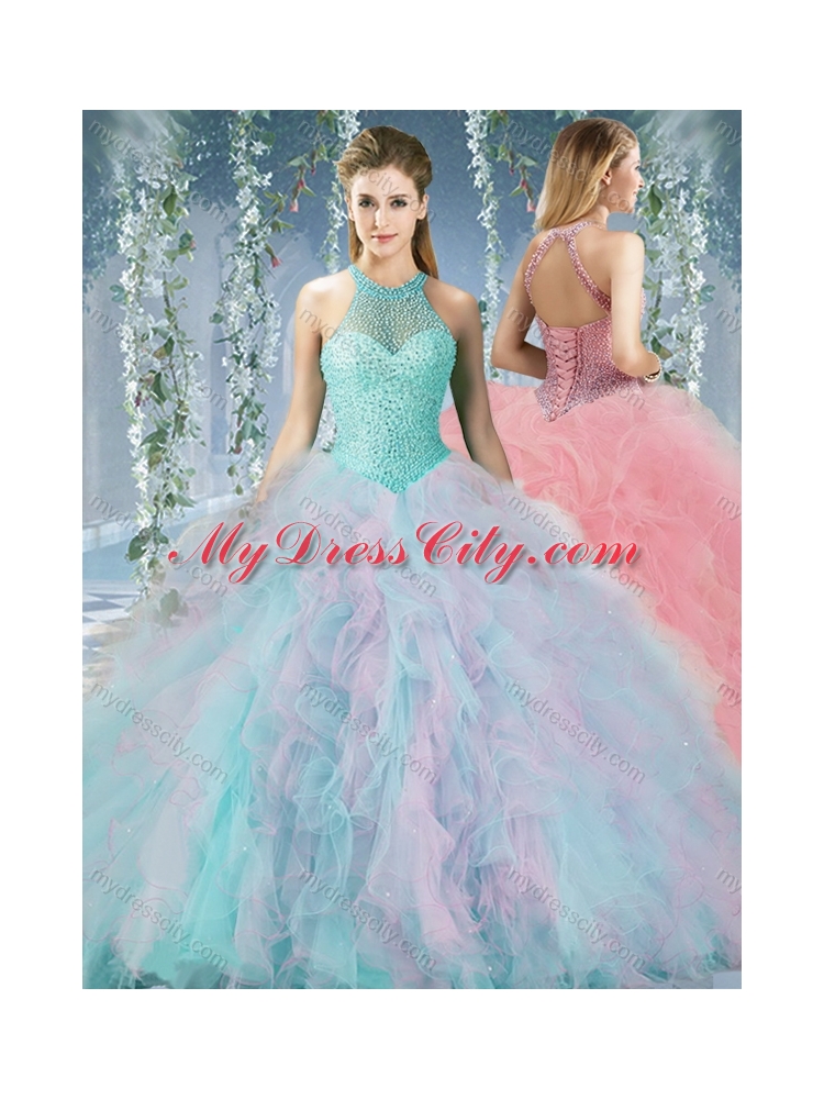 Lovely Beaded Decorated Halter Top Rainbown Quinceanera Dress in Organza