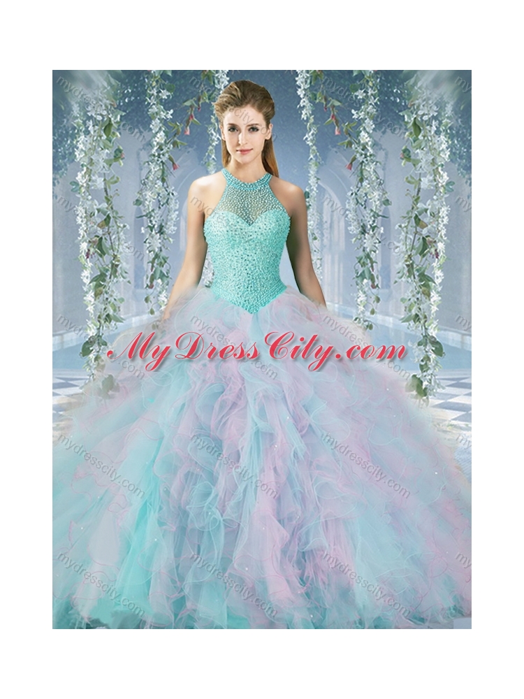 Lovely Beaded Decorated Halter Top Rainbown Quinceanera Dress in Organza