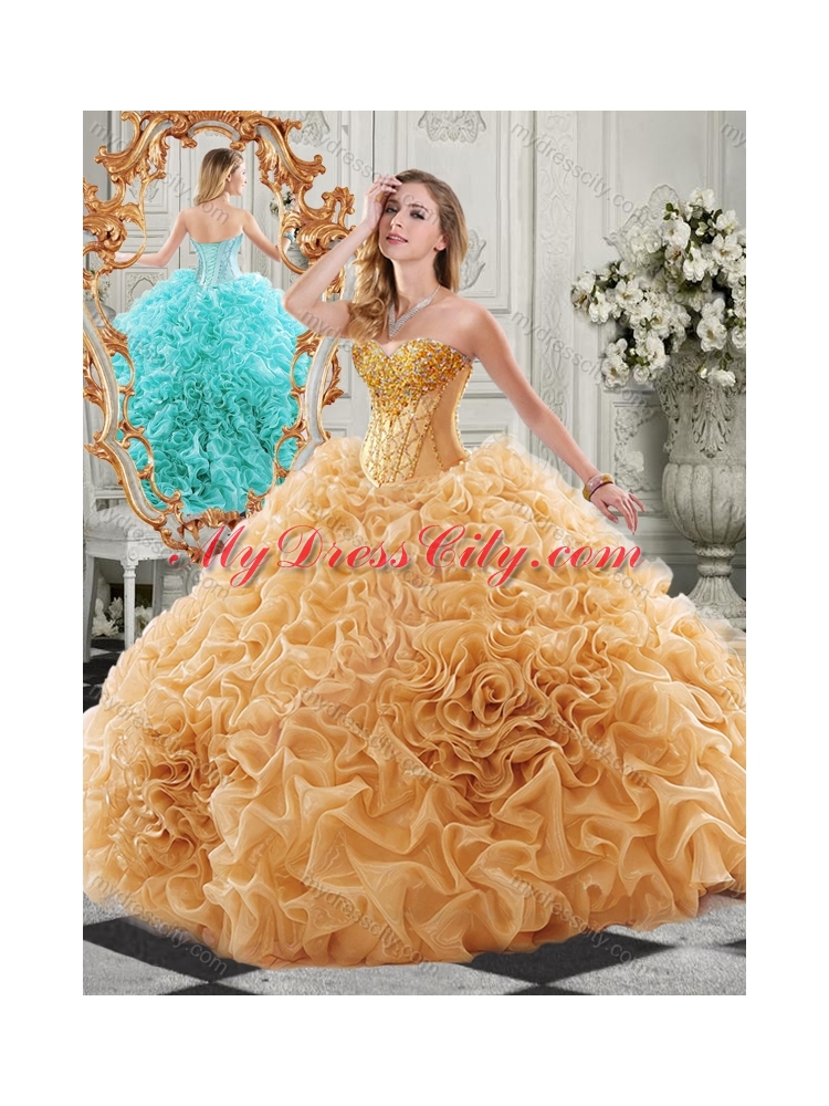 New Arrivals Organza Ruffled Champagne Sweet 16 Quinceanera Dress with Colorful Beading