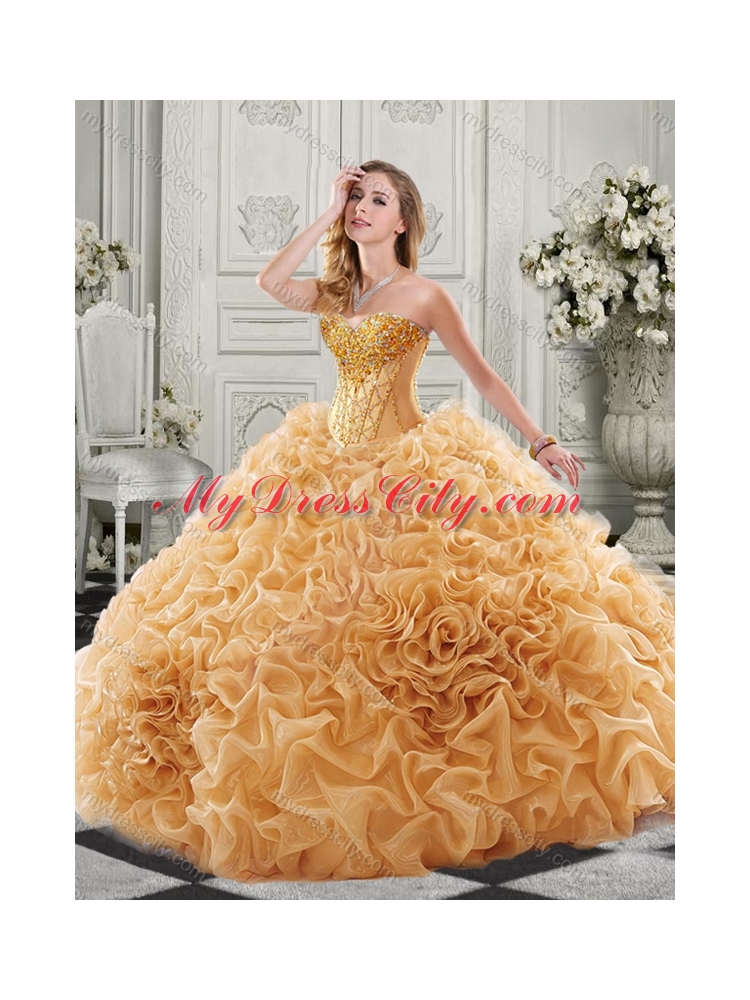 New Arrivals Organza Ruffled Champagne Sweet 16 Quinceanera Dress with Colorful Beading