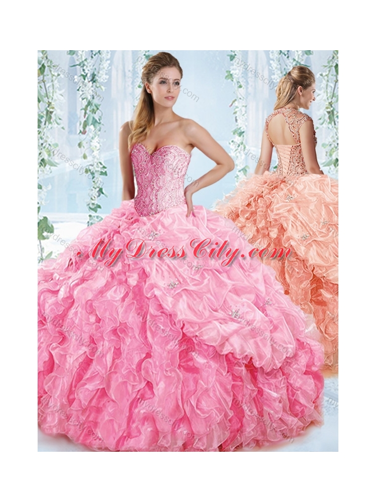 New Style Organza Beaded Rose Pink Quinceanera Dress with Detachable Straps