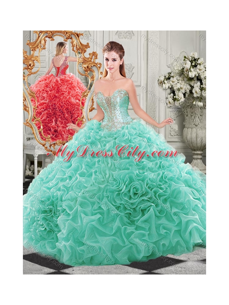 Popular Beaded and Ruffled Aqua Blue Sweet 16 Quinceanera Dress with Detachable Straps