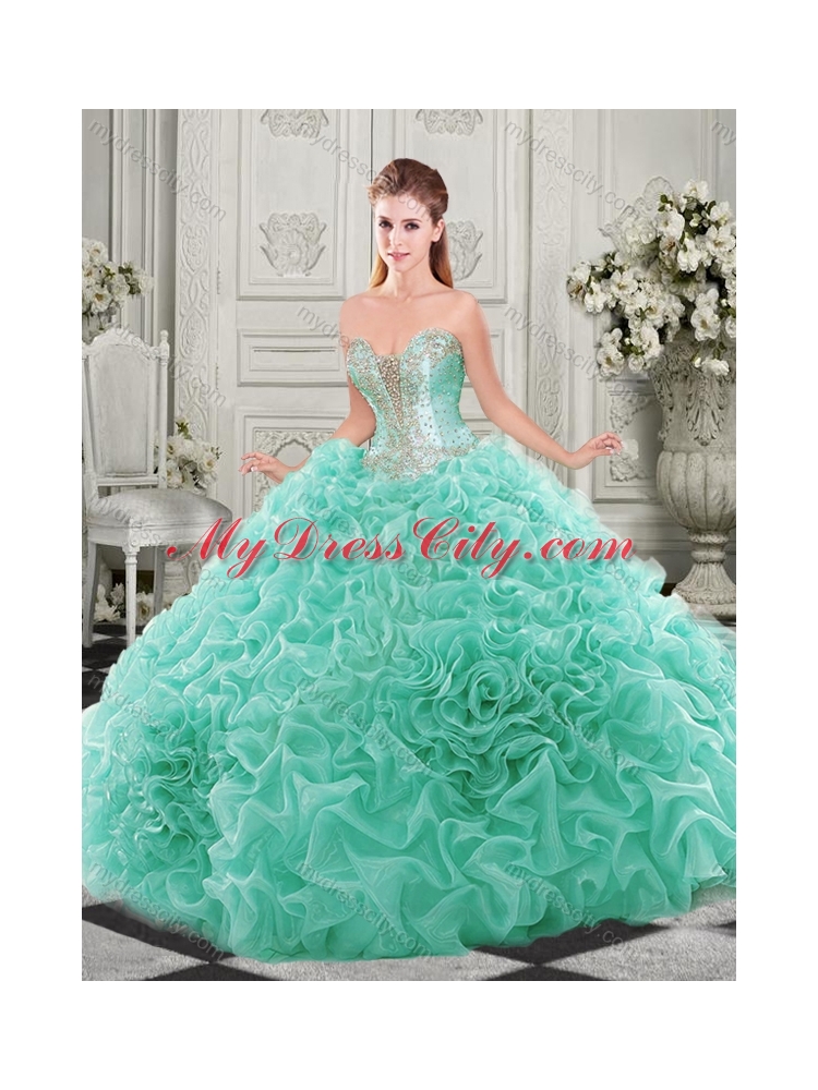 Popular Beaded and Ruffled Aqua Blue Sweet 16 Quinceanera Dress with Detachable Straps