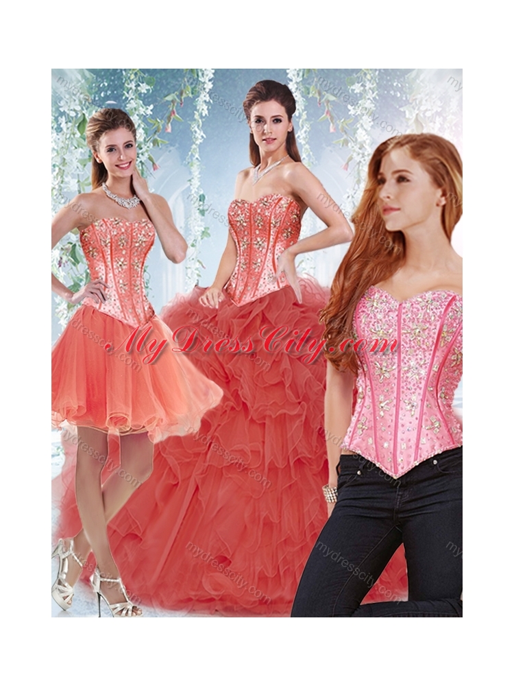 Popular Beaded Bodice and Ruffled Detachable Quinceanera Dress in Coral Red