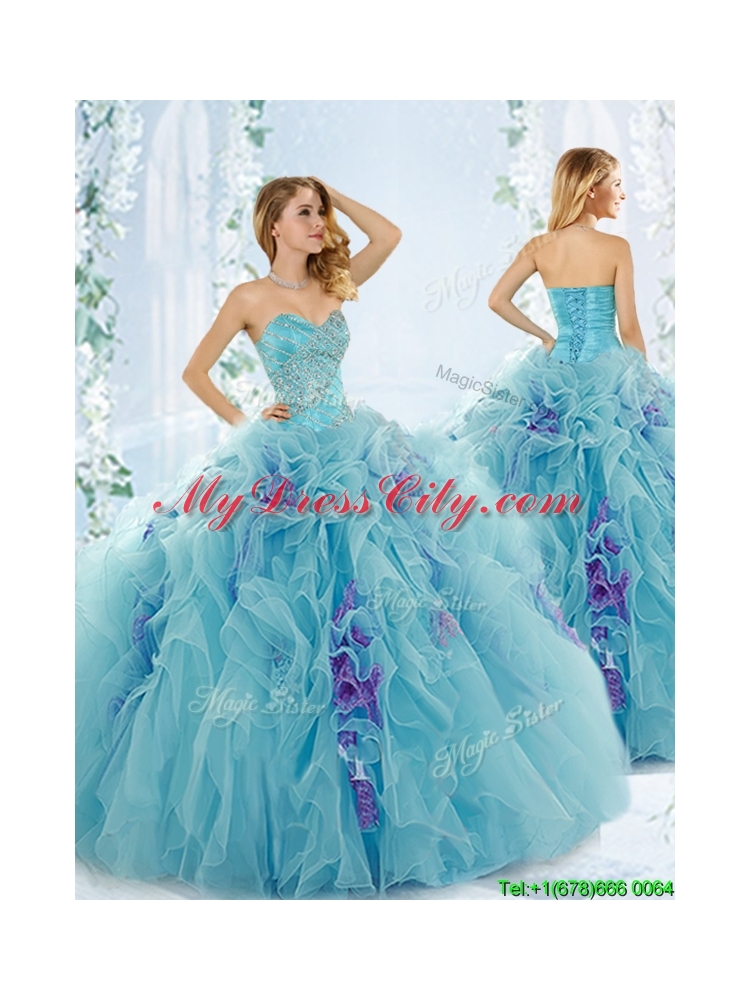 Sweet Beaded Aque Blue Detachable Quinceanera Dresses in Organza