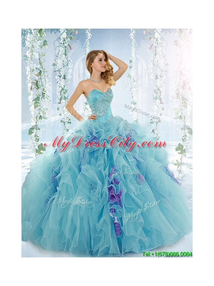 Sweet Beaded Aque Blue Detachable Quinceanera Dresses in Organza