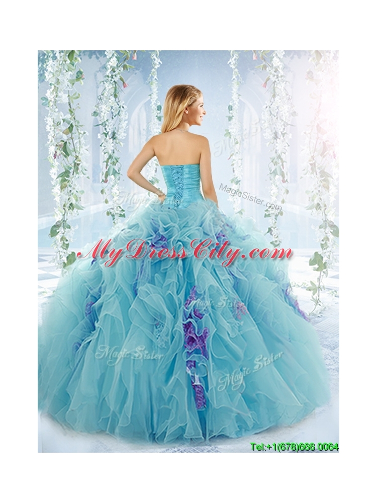 Sweet Beaded Aque Blue Detachable Quinceanera Dresses in Organza