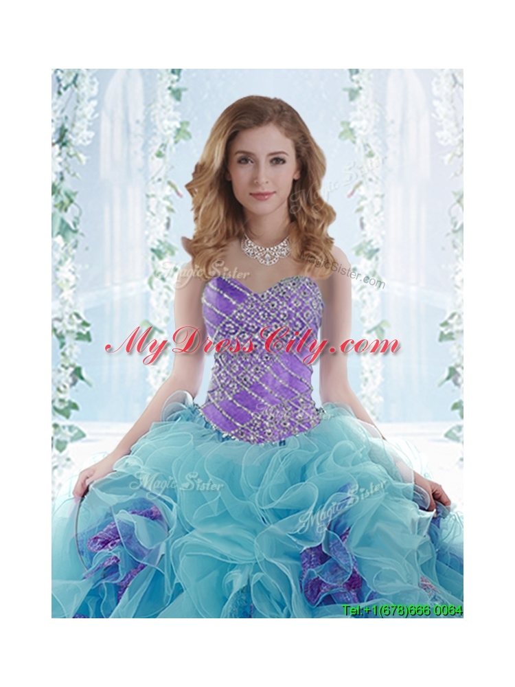 Sweet Beaded Aque Blue Detachable Quinceanera Dresses in Organza