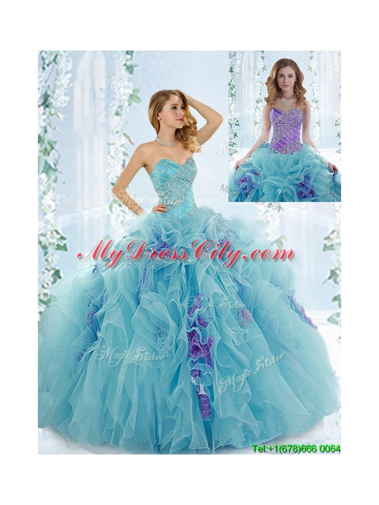 Sweet Beaded Aque Blue Detachable Quinceanera Dresses in Organza