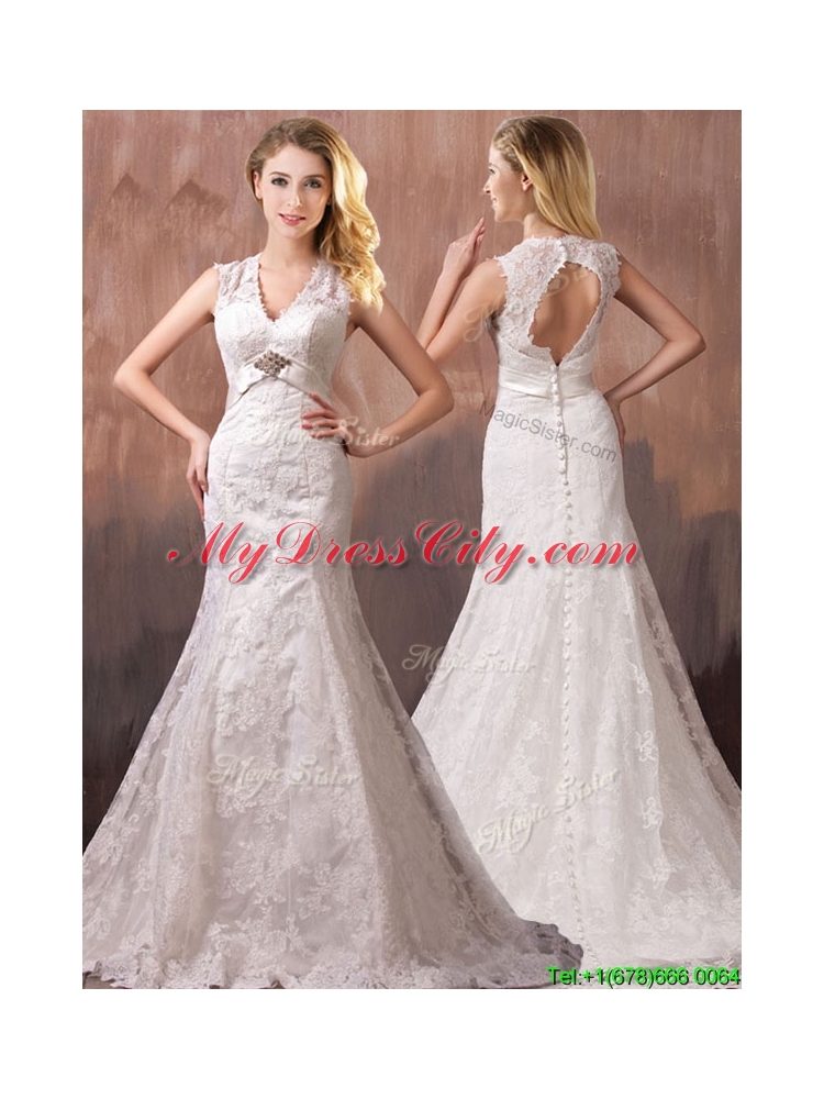 Classical Mermind V Neck Lace and Sashes Wedding Dresses with Shade Back