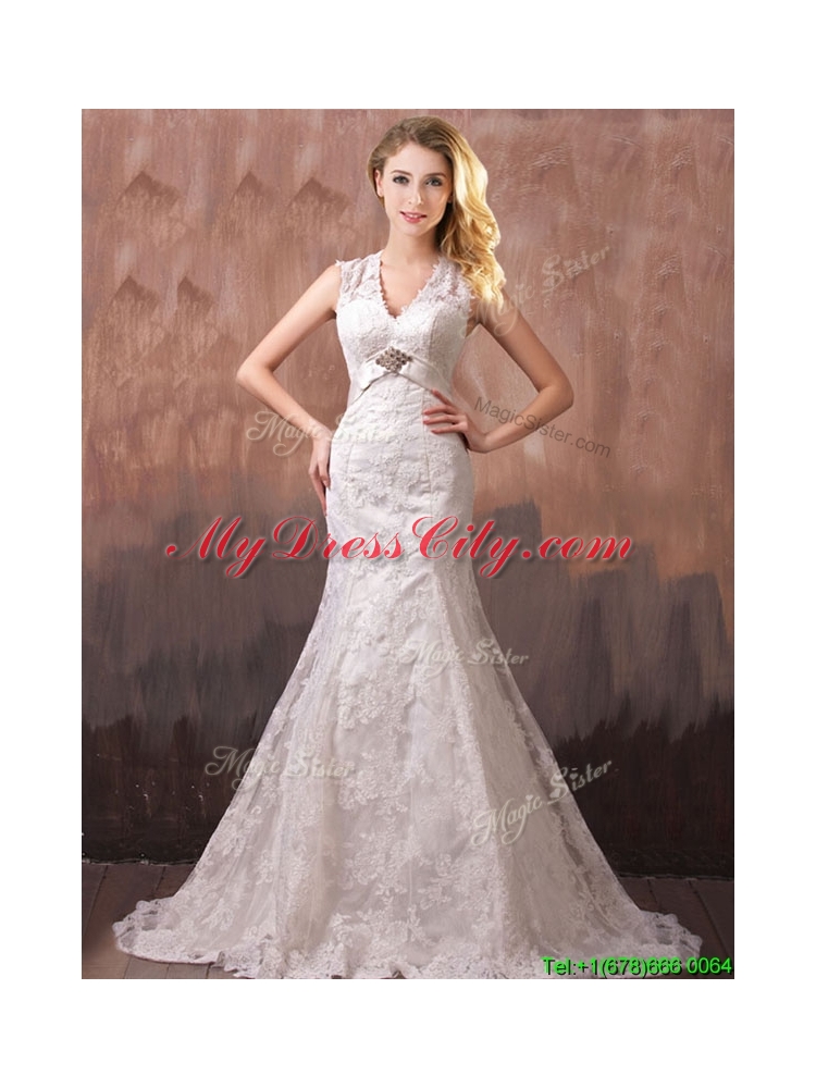 Classical Mermind V Neck Lace and Sashes Wedding Dresses with Shade Back