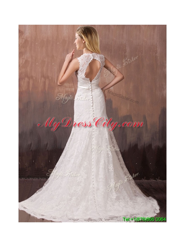 Classical Mermind V Neck Lace and Sashes Wedding Dresses with Shade Back