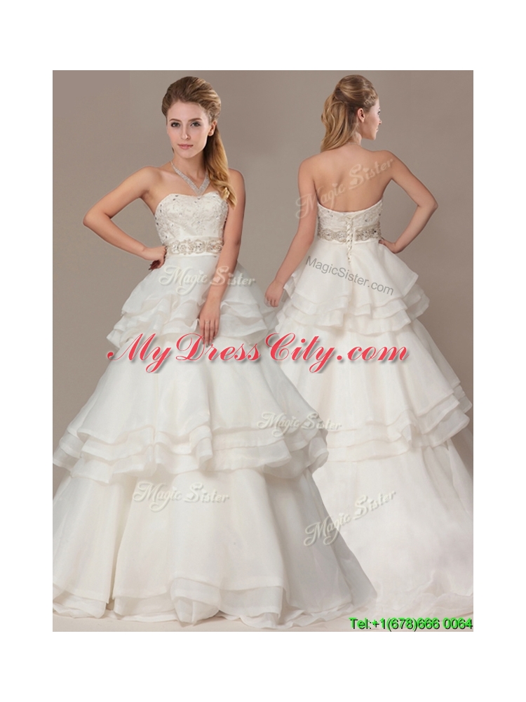 Lovely A-line Brush Train Wedding Dresses with Beading and Ruffles Layers