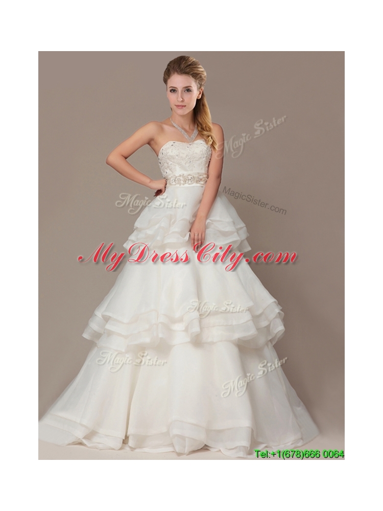 Lovely A-line Brush Train Wedding Dresses with Beading and Ruffles Layers