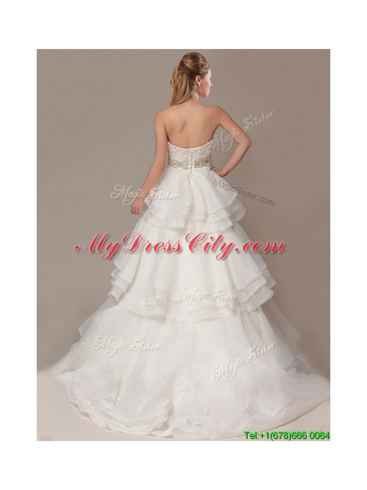 Lovely A-line Brush Train Wedding Dresses with Beading and Ruffles Layers