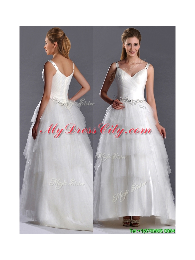 Romantic Straps Princess Tulle Beaded Wedding Dress with Brush Train