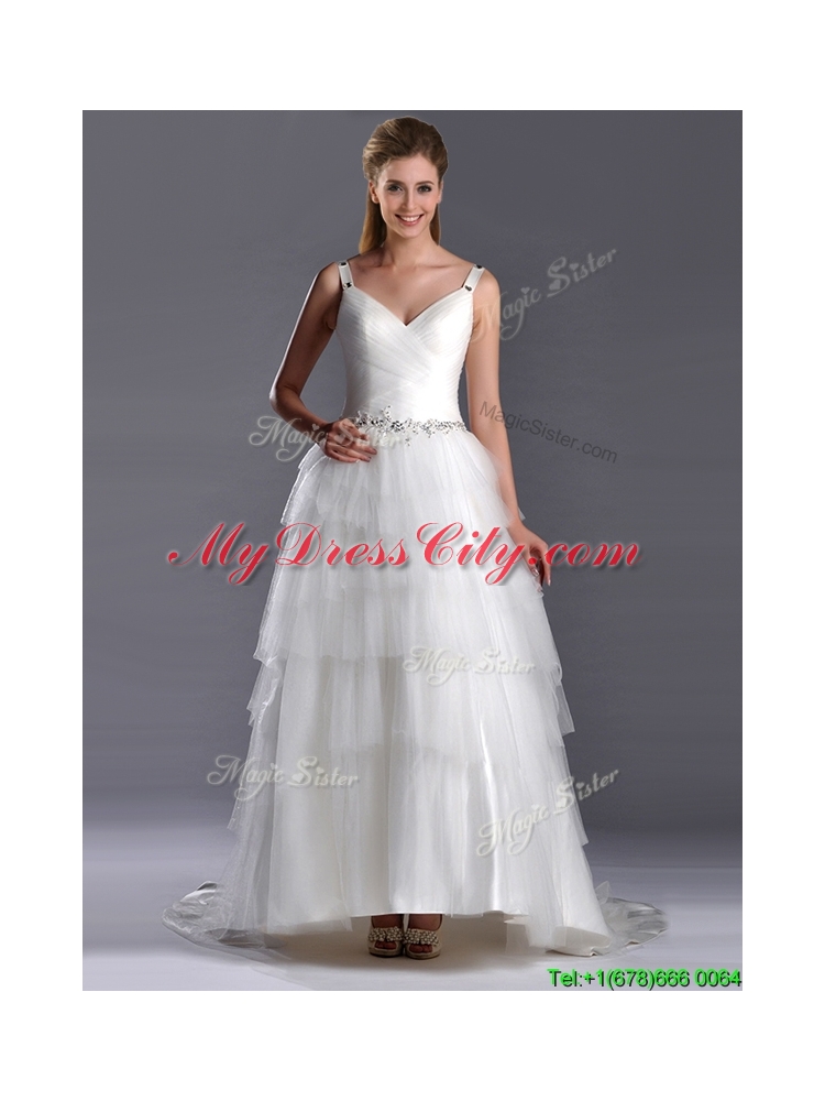 Romantic Straps Princess Tulle Beaded Wedding Dress with Brush Train